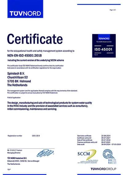 Spirotech ISO 45001 - TUV Zertifikat